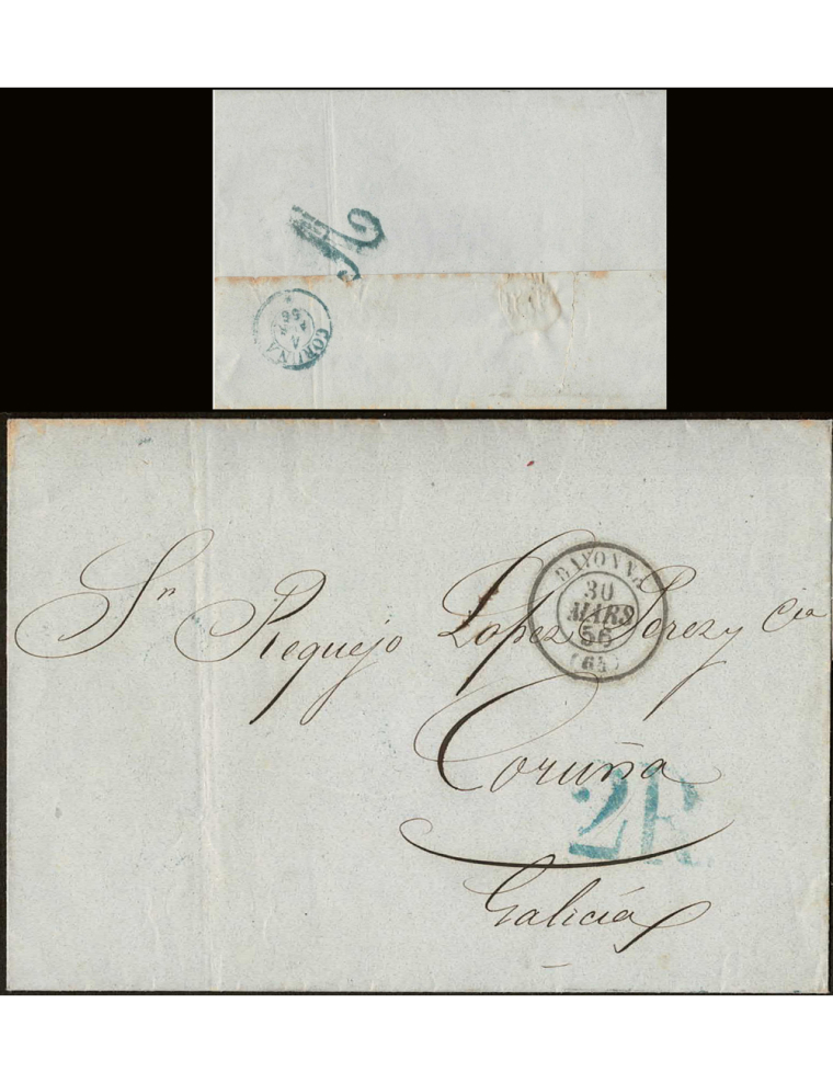 1856 (MAR 30) Bayona a La Coruña, porteada con 2 reales como correspondía a una carta de peso sencillo. En el reverso la marca “