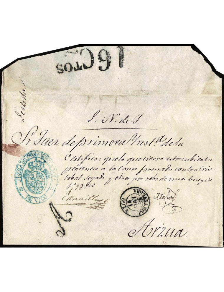 1856 (MAY 14) Vigo a Arzua con la marca “A” de Vigo en negro, donde se anota o abona el importe del franqueo, que debe ser 16 cu