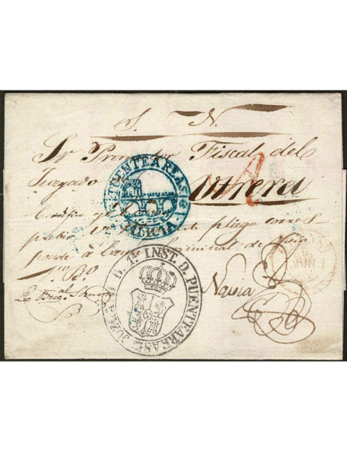 1856 (JUN 9) Puenteareas a Utrera (muy raro destino para este tipo de correspondencia) con la marca “A” de La Orense puesta en t