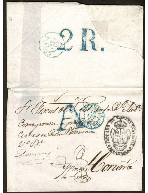 1857 (FEB 15) Ribadavia a La Coruña con la marca “A” (PE-RRR) y el fechador de la estafeta de esta población. En el reverso figu
