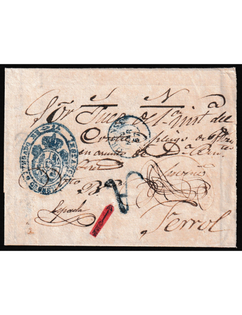 1857 (ABR 16). Orense al Ferrol, con la marca “A” de La Orense y la marca en azul del sello del Juzgado de 1ª Instancia. No llev