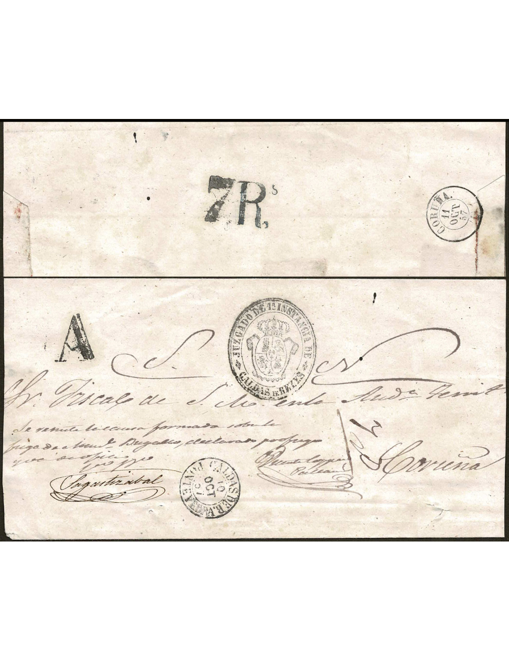 1857 (OCT 10) Caldas de Reis a Coruña, con la marca “A” de la estafeta de esta población y el fechador tipo 1854 de esta poblaci
