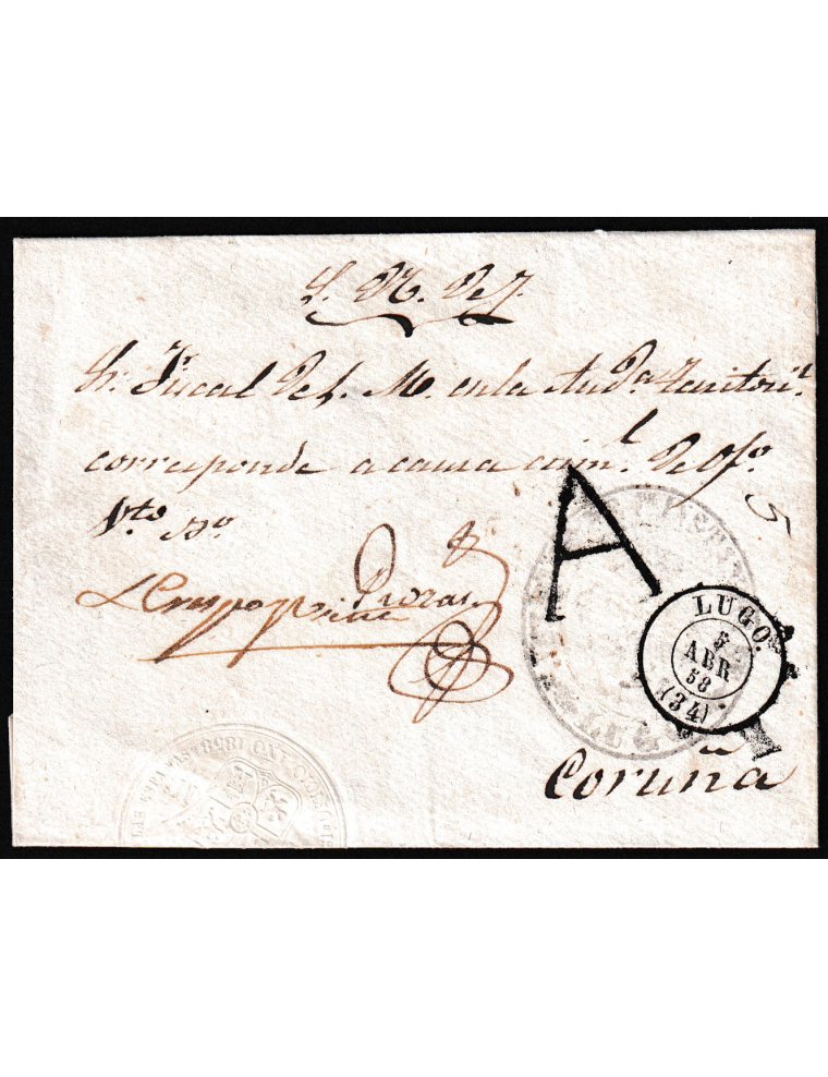1858 (ABR 5) Lugo a La Coruña con la marca “A” de Lugo en negro. El importe del franqueo de un real (en el reverso), para cartas