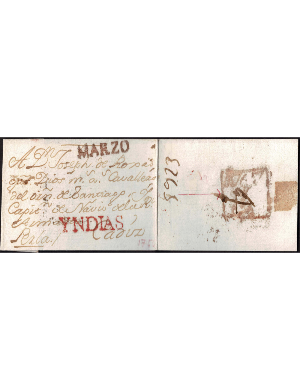 1767 (MAR) A Cádiz. Envuelta recibida en Cádiz, donde se estamparon las marcas YNDIAS (Tizón Nº 66), mes de MARZO (Tizón nº50) y