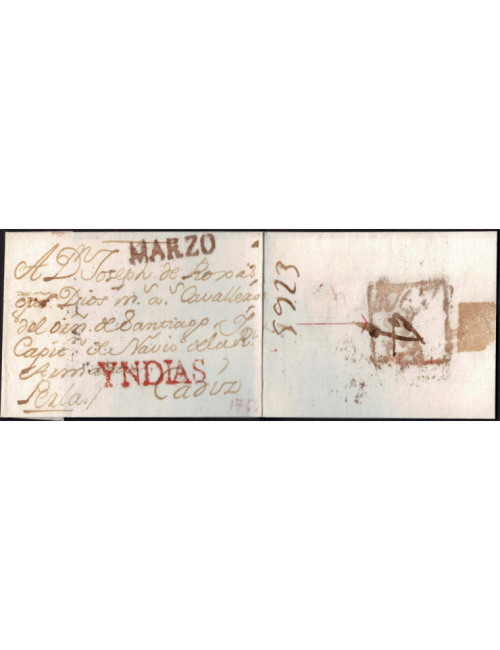 1767 (MAR) A Cádiz. Envuelta recibida en Cádiz, donde se estamparon las marcas YNDIAS (Tizón Nº 66), mes de MARZO (Tizón nº50) y