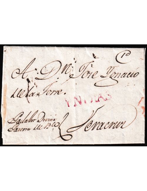 1800 (20 AGO) La Habana a Veracruz. Sobrescrito con la marca “YNDIAS” estampada en La Habana en el color rojo lila, habitual de 