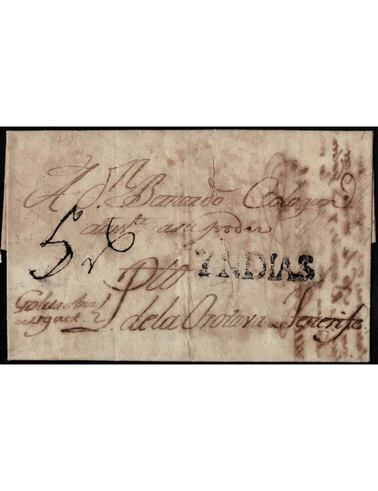 1810 (28 JUL) La Habana a La Orotava (Canarias). Sobrescrito con corte de desinfección de 47 milímetros y manchas por inmersión 