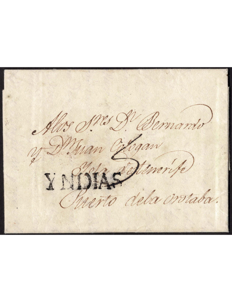 1817 (6 OCT) La Habana a La Orotava (Canarias). Sobrescrito con la marca “YNDIAS” en negro de Cádiz. Porteo mns. “5” reales. Mar