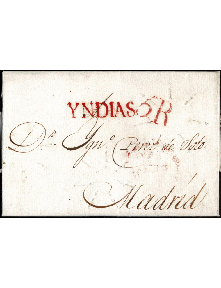 1833 (30 OCT) La Habana a Madrid. Sobrescrito con la marca “YNDIAS” en color rojo estampada en Barcelona. Porteo “5R” reales en 