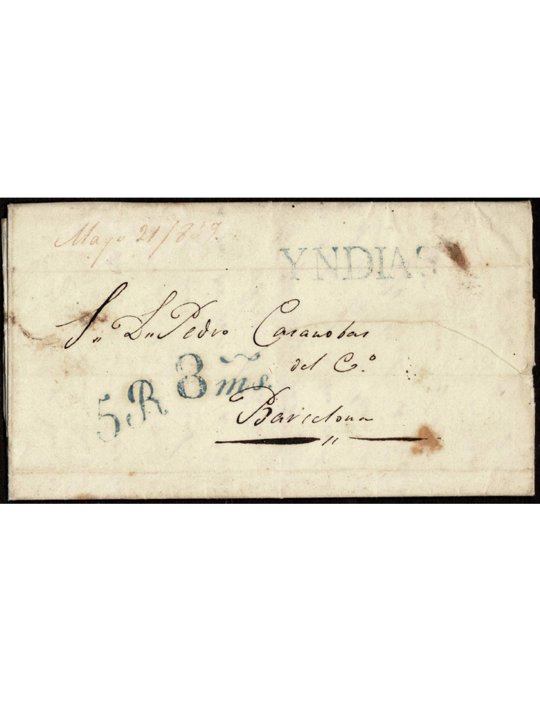 1839 (4 MAR) Trinidad (Cuba) a Barcelona. Sobrescrito que a su llegada a Barcelona se estamparon las marcas en color azul, “YNDI