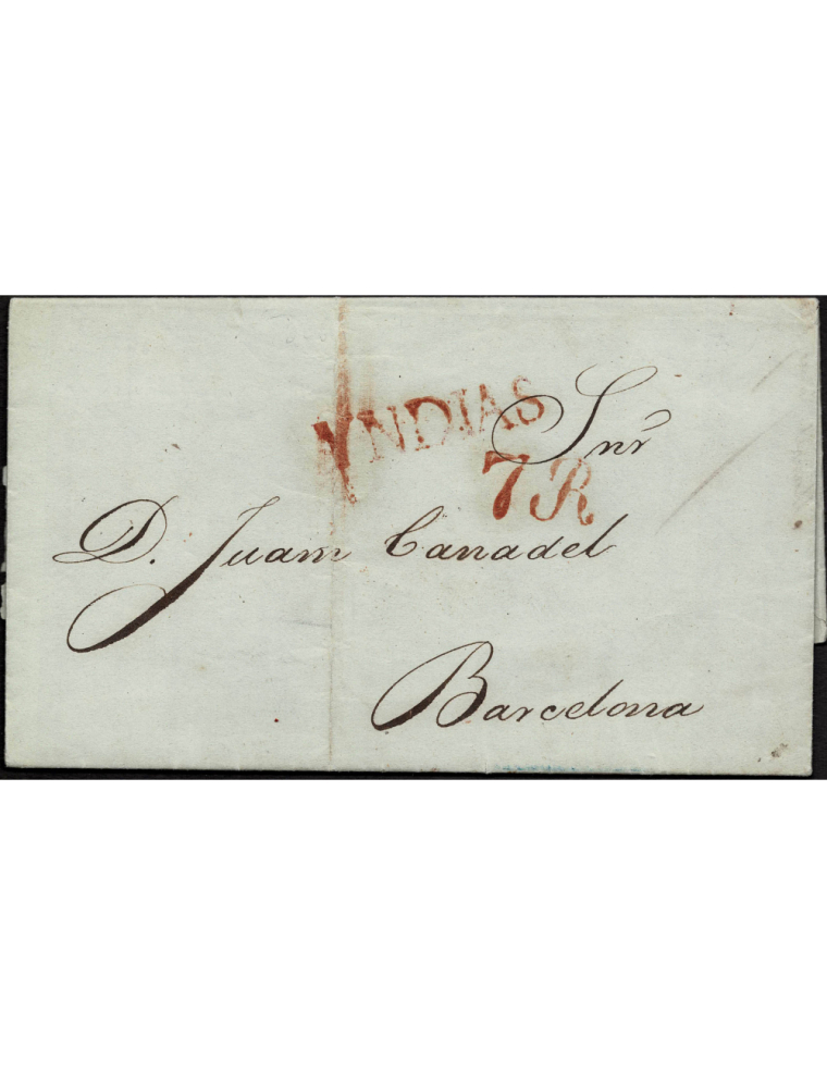 1845 (8 MAR) Pernambuco (Brasil) a Barcelona. Sobrescrito escrito en portugúes que a su llegada a la capital catalana se estampa