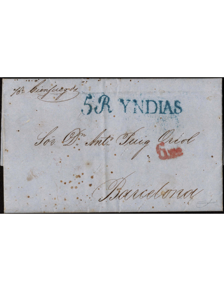 1853 (8 NOV) La Habana a Barcelona. Sobrescrito que a su llegada a Barcelona se le estamparon las marcas en color azul del “YNDI