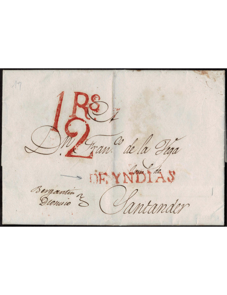 1833 (31 ENE) La Habana a Santander. Sobrescrito comercial con precios de venta de azúcar, con llegada a la capital cantabra, do
