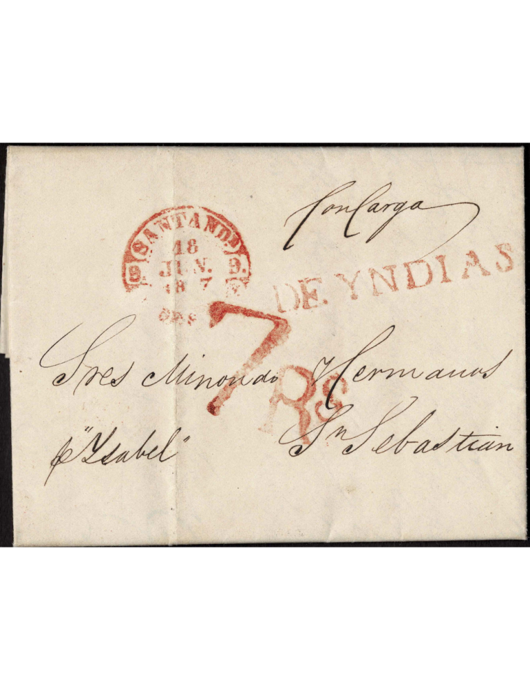 1847 (29 ABR) La Habana a San Sebastián. Sobrescrito comercial que acompaña una serie de productos “Con Carga” manuscrito en el 