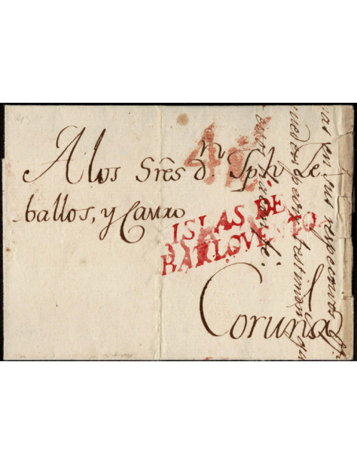 1784 (14 ENE, fecha en La Coruña) Cuba a Coruña. Envuelta con parte del texto y en el frente la marca “ISLAS DE BARLOVENTO” de L