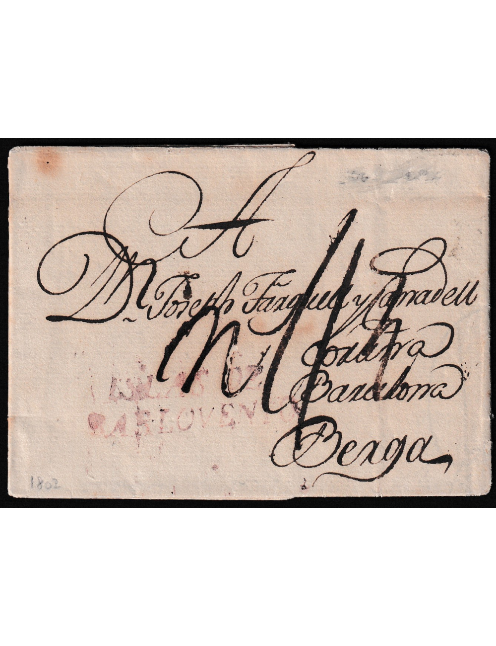 1802 (30 MAY) la Habana a Berga. Sobrescrito en el que se comenta el envío de 75 cajas de azúcar en la polacra Nuestra Señora de