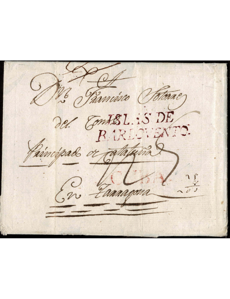 1809 (15 ABR) Santiago de Cuba a Tarragona. Sobrescrito en el que se comenta el envío de 35 cajas de azúcar blanco en bergantín 
