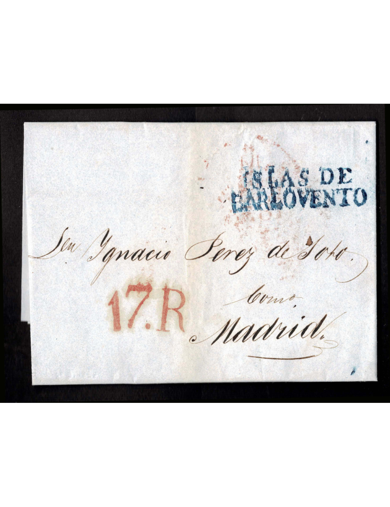 1838 (3 MAR) La Habana a Madrid. Sobrescrito comercial con rarísima marca “ISLAS DE/ BARLOVENTO” en color azul, que es la única 