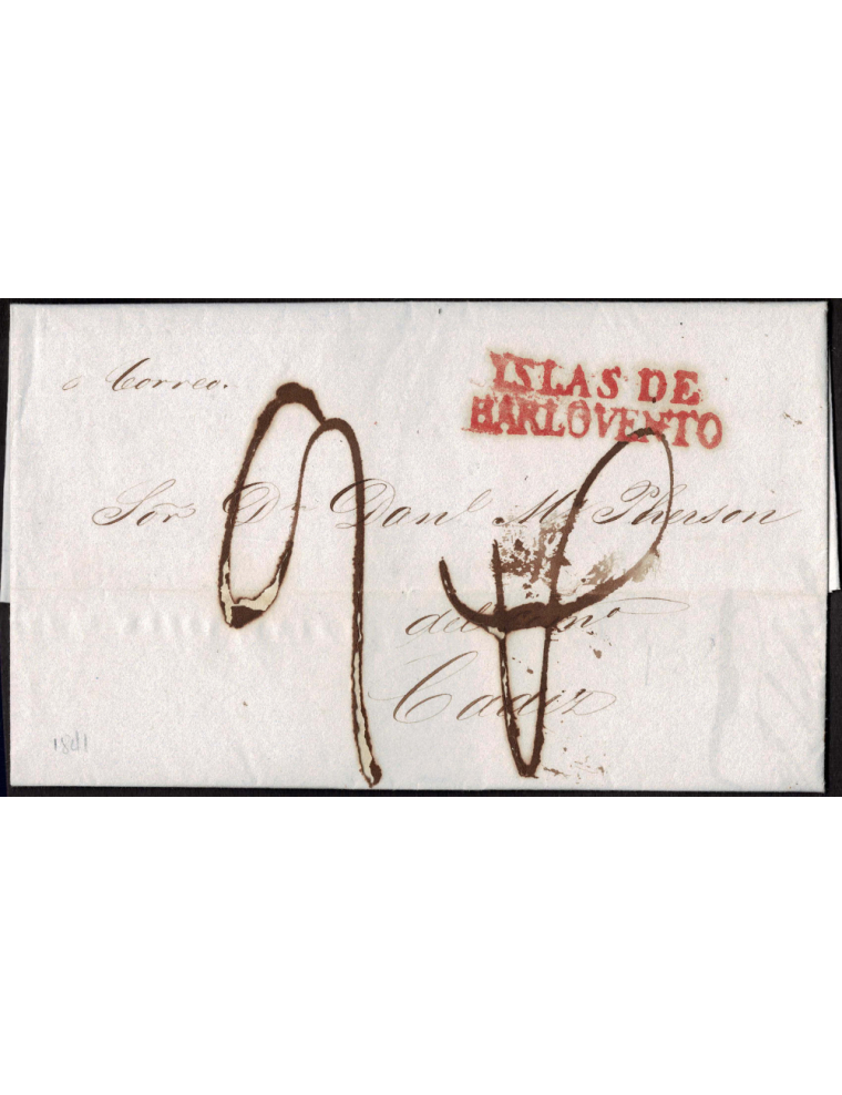 1841 (11 ENE) La Habana a Cádiz. Sobrescrito comercial en inglés con la marca “ISLAS DE/ BARLOVENTO” en color rojo, y el porte m