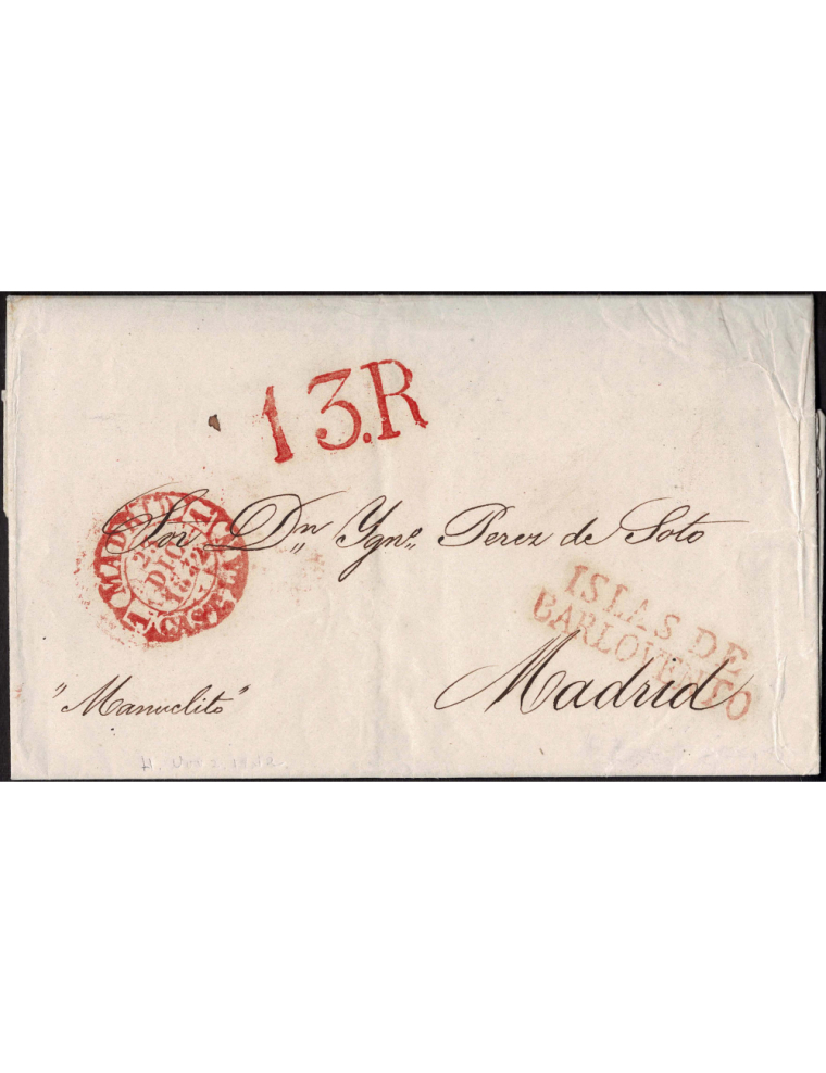 1842 (2 NOV) La Habana a Madrid. Sobrescrito con la marca “ISLAS DE/ BARLOVENTO” aplicada en rojo de Cádiz. Porteo “13.R” reales