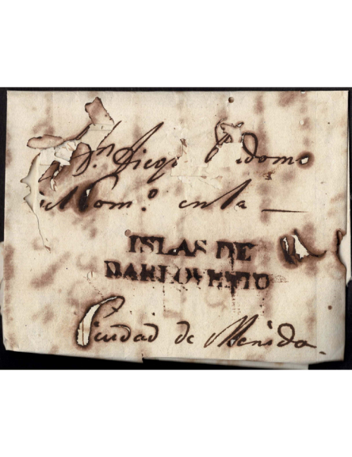 1818 (18 AGO) La Habana a Mérida (México). Envuelta con contenido muy deteriorada por la corrosión debida a la tinta, marca “ISL