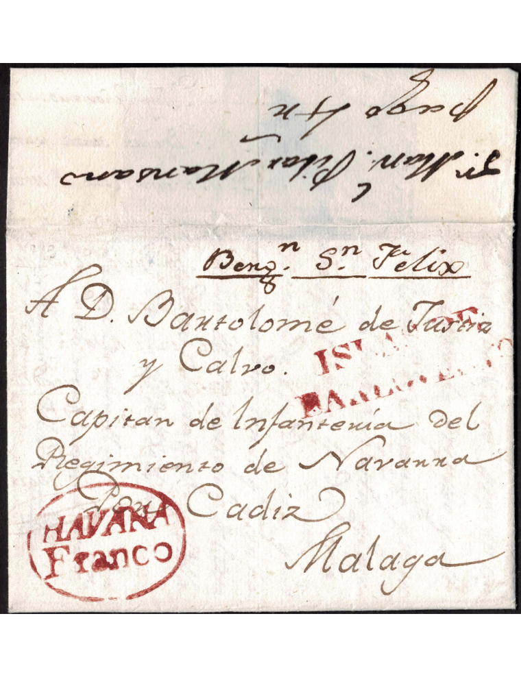 1813 (9 AGO) La Habana a Málaga. Envuelta con contenido con la marca “ISLAS DE/ BARLOVENTO” y “HAVANA / FRANCO”, ambas en rojo a