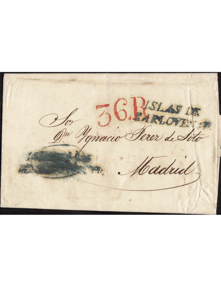 1840 (30 MAY) La Habana a Madrid. Sobrescrito con la marca “ISLAS DE / BARLOVENTO” en verde de La Coruña y otra que señala “CORU