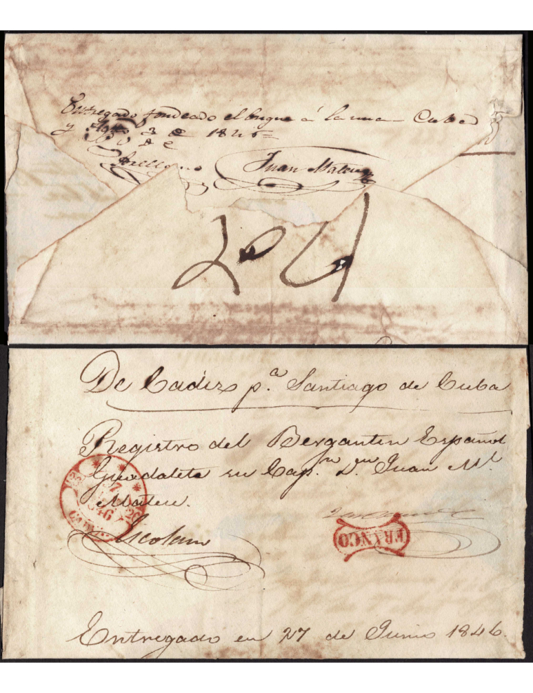 1846 (27 JUN) Cádiz a Santiago de Cuba. Excepcional pliego de registro de embarque con su registro en papel sellado de la clase