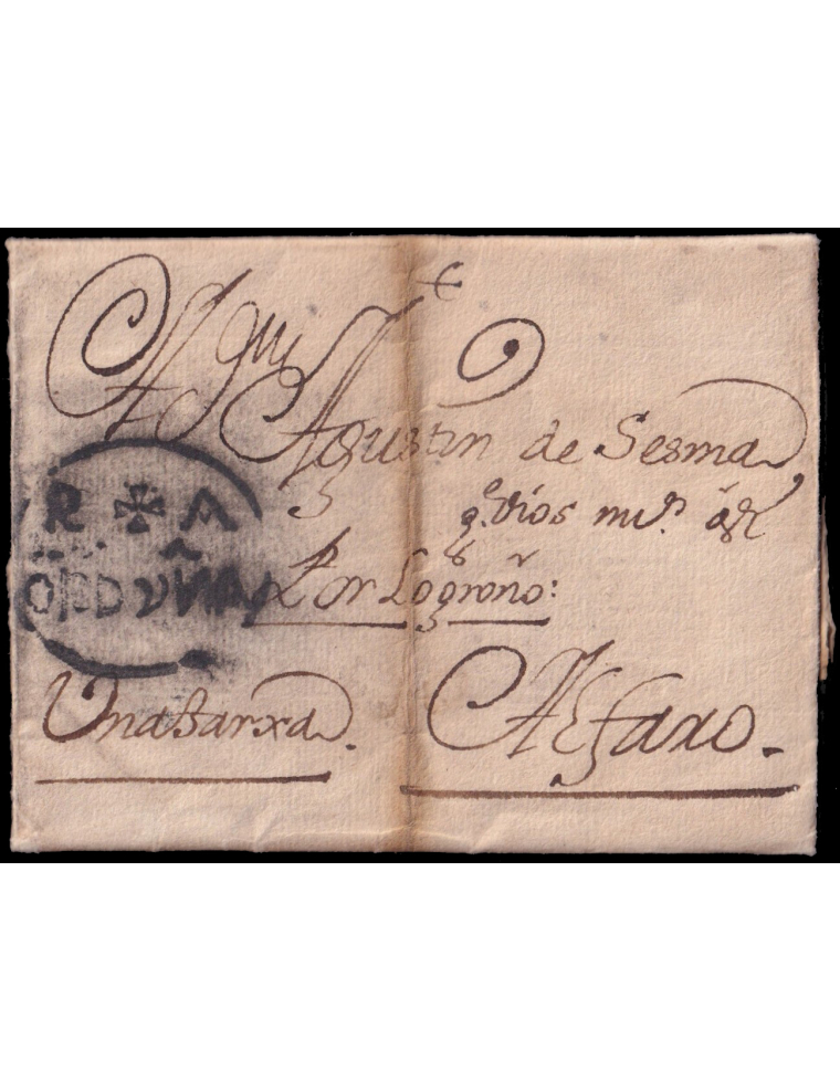 1717 (5 NOV) Orduña a Alfaro. Marca “R/A/ ORDVÑA” (n1) recercada en negro intenso. Porteo mns. “una tarxa” (tarja). Única conoci