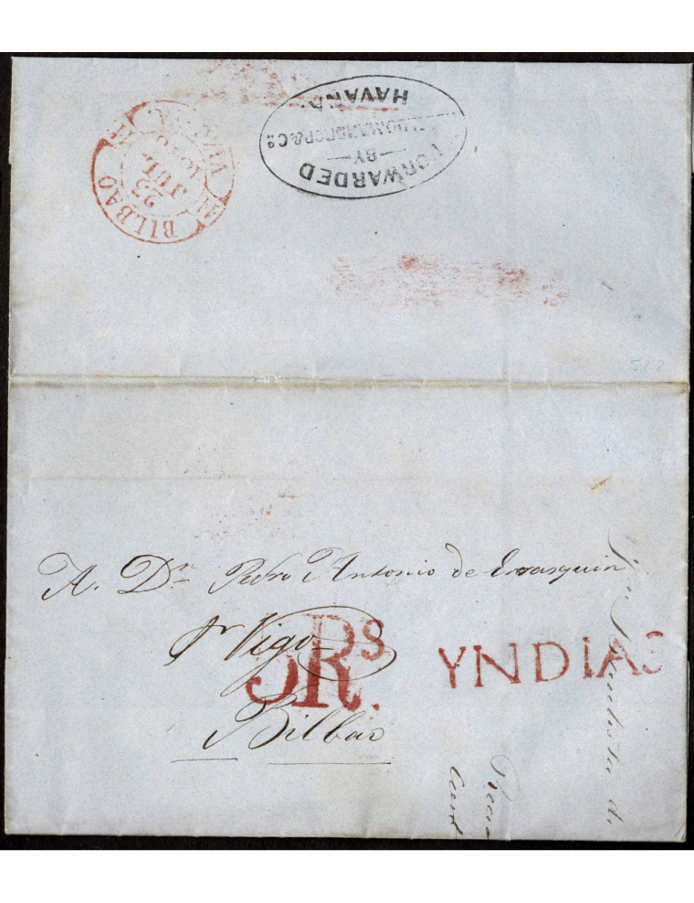 1848 (14 MAY) La Habana a Bilbao. Envuelta con marca “YNDIAS” en rojo de Vigo conducida hasta Bilbao donde se recibe el 23 de ju