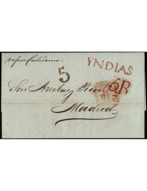 1852 (28 ABR) Santiago de Cuba a Madrid. Sobrescrito con las marcas “YNDIAS” en rojo de Vigo. Porteo “5” en negro de Vigo, y “5.