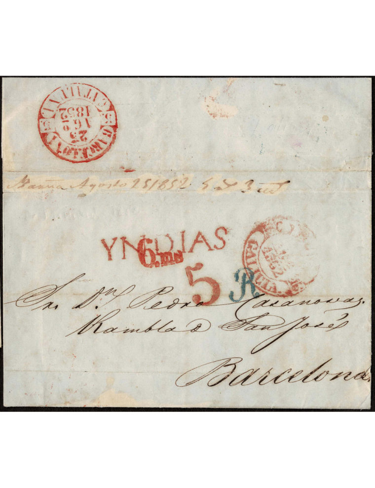 1852 (28 JUN) Trinidad (Cuba) a Barcelona. Envuelta con las marca “YNDIAS” y porteo “5” reales ambas en rojo de Vigo y fechador 