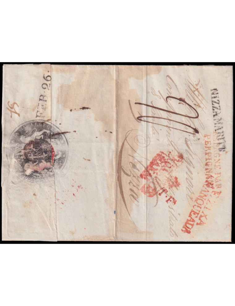 1820 (26 DIC) Algeciras a Niza (Italia). Marca “ANDALUCIA/ BAXA” y “EZIXA/ FRANQUEADA” (n 3 y 6) ambas en rojo aceitoso de Écija