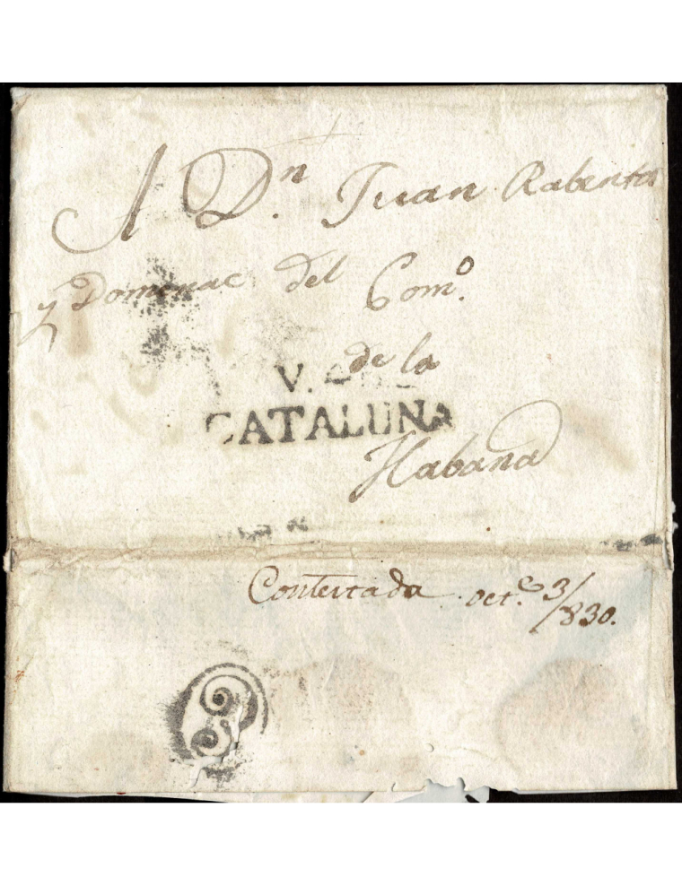 1830 (10 JUN) Vilanova i Geltrú a La Habana. Entrañable sobrescrito de una hermana a su hermano en Cuba. En el frente la marca p