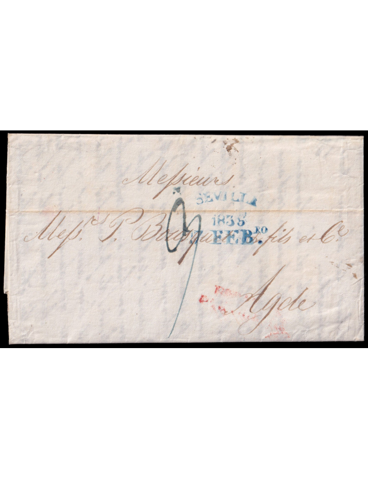 1838 (17 FEB) Sevilla a Agde (Francia). Fechador (n27) en azul aguado de Sevilla. Porteo mns. “9” décimas. Al dorso mns. “15” cu