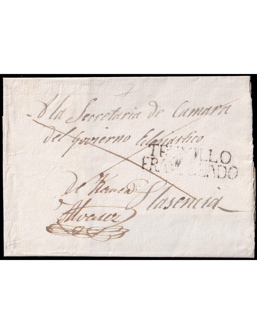 1839 circa. A Plasencia. Marca “TRUXILLO/ FRANQUEADO” (n10) de franqueo en negro de Trujillo y “Franca/ Alvarez” con rúbrica de