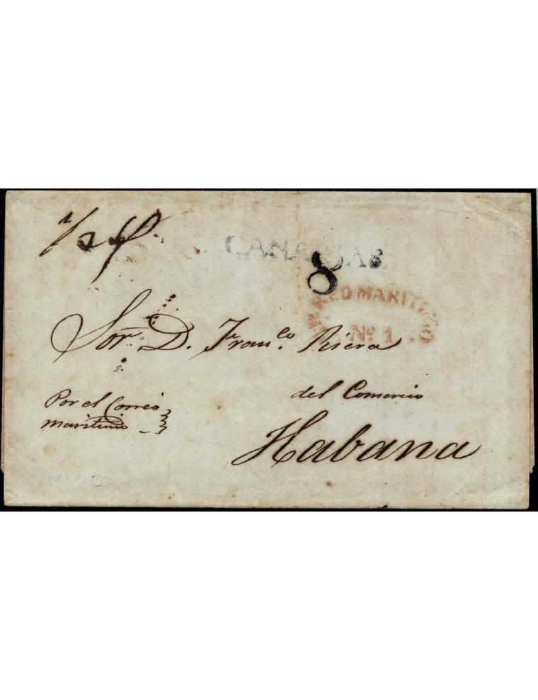 1842 circa Canarias a La Habana. Envuelta con la marca de origen “CANARIAS”, circulada por el correo de la Empresa, marca “CORRE