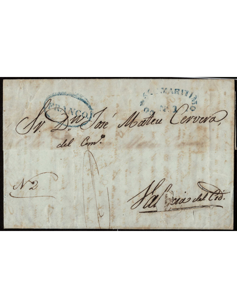 1845 (5 ABR) La Habana a Valencia. Sobrescrito con pequeñas erosiones por la tinta con las marcas “FRANCO.” recercado y “CORREO 