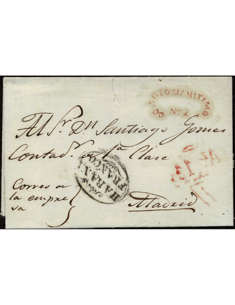 1842 (2 MAR) La Habana a Madrid. Sobrescrito con las marcas “HABANA/FRANCO”en negro y “CORREO MARITIMO Nº 2” en rojo aceitoso. m