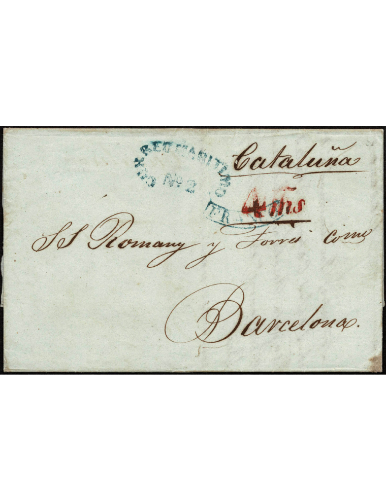 1843 (JUL) La Habana a Barcelona. Sobrescrito con marcas “FRANCO” lineal y “CORREO MARITIMO Nº 2”, ambas en azul. Sobrecargo “4 