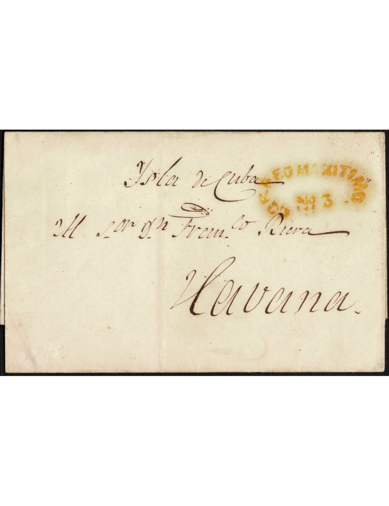 1842 (24 MAR) A La Habana . Envuelta con marca “CORREO MARITIMO Nº 3” en amarillo. Sin marca de origen ni indicación de porte. R