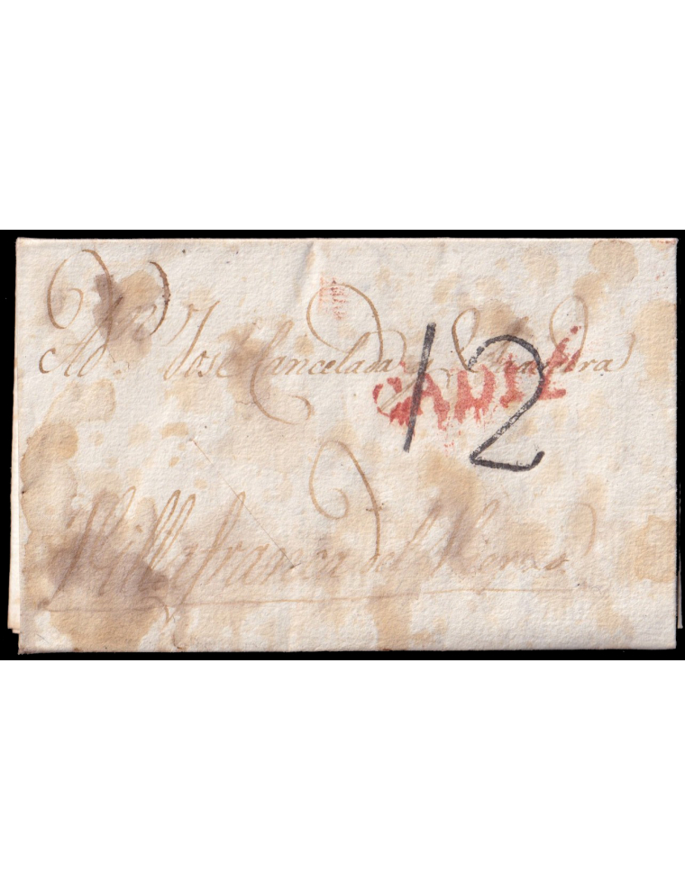 1827 (6 ABR) Cádiz a Villafranca del Bierzo (León). Marca “CADIZ” (n15) lineal en rojo y porteo “12” cuartos en negro. Un corte 