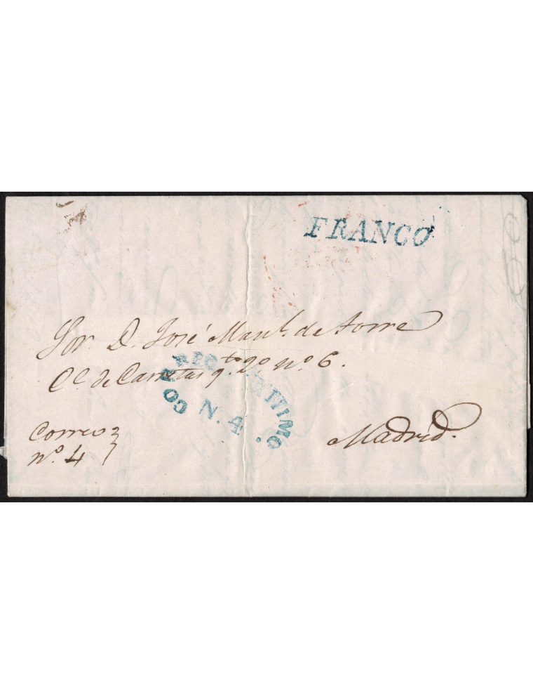 1842 (29 DIC) La Habana a Madrid. Sobrescrito con marcas “FRANCO” lineal y “CORREO MARITIMO Nº 4”, ambas en azul. En el reverso 