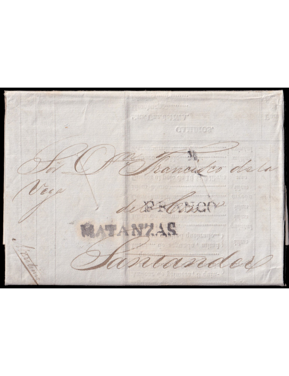 1833 (28 OCT) Matanzas (Cuba) a Santander. Marca “MATANZAS” y “FRANCO” (n3 y 5) ambas en negro de Matanzas. Mns. “Marítimo”. Dos