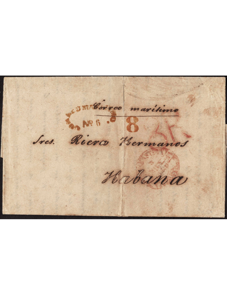 1849 (3 MAY) San Sebastián a La Habana. Sobrescrito con fechador de origen y marcas “CORREO MARITIMO Nº 6” y porteo “8”, ambas e