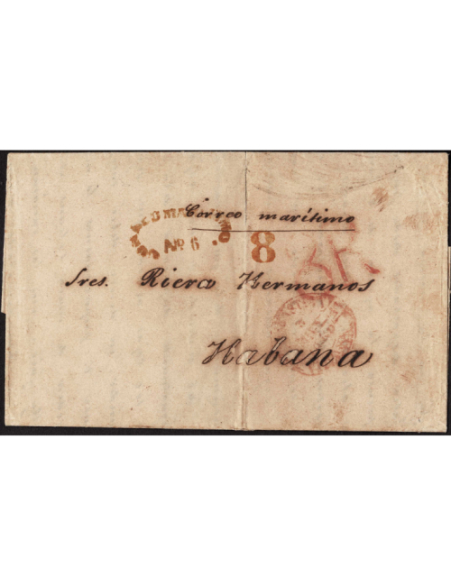 1849 (3 MAY) San Sebastián a La Habana. Sobrescrito con fechador de origen y marcas “CORREO MARITIMO Nº 6” y porteo “8”, ambas e