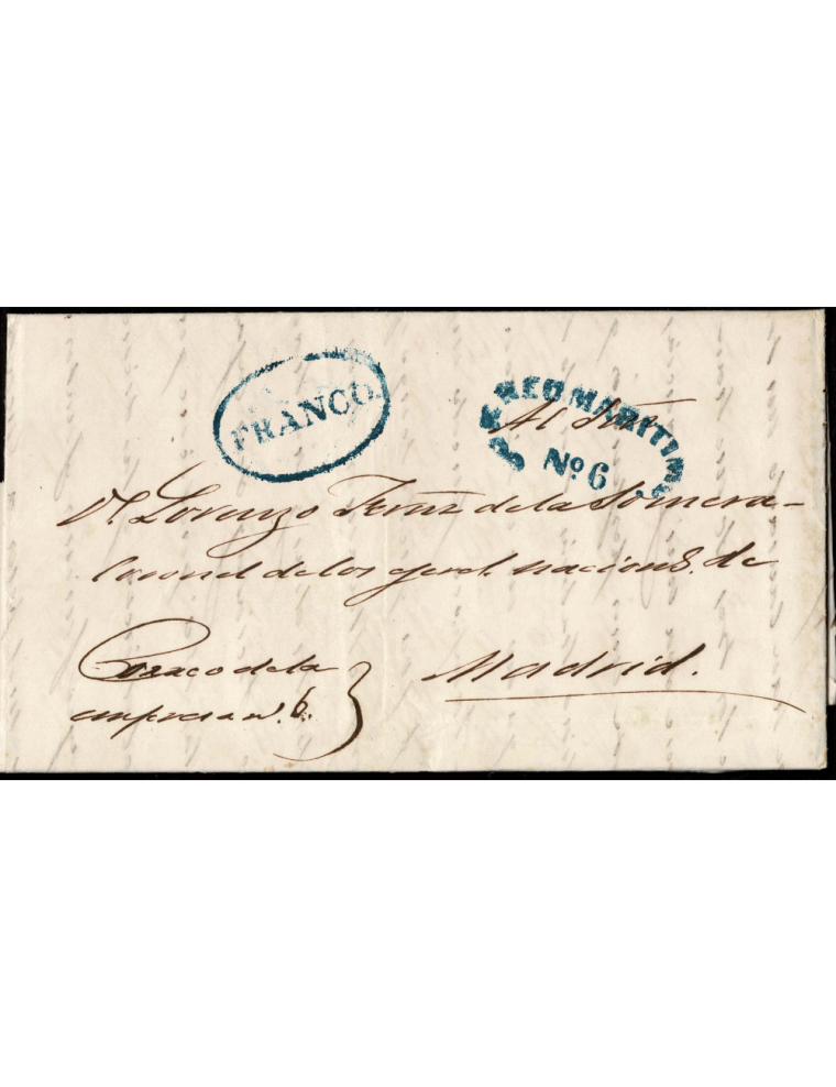 1849 ( 9 JUL) La Habana a Madrid. Extenso sobrescrito con las marcas “FRANCO.” recercado y “CORREO MARITIMO Nº 6”, ambas en azul