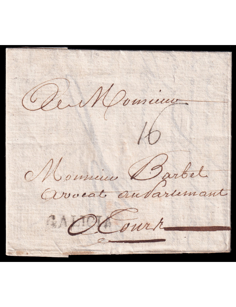 1760 (3 JUN) Saint Pierre (Martinica) a Tours (Francia). Marca “GALICIA” (n3) en negro de Coruña. Porteo mns. “16” soles. Rarísi
