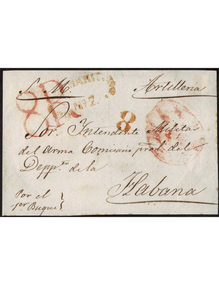 1849 circa Cádiz a La Habana. Frente de de carta con fechador y porteo “8R” reales ambas en rojo aplicadas en origen. Marca “COR