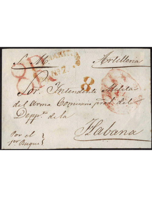 1849 circa Cádiz a La Habana. Frente de de carta con fechador y porteo “8R” reales ambas en rojo aplicadas en origen. Marca “COR
